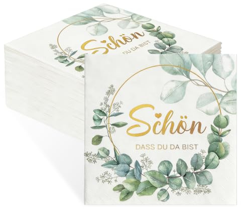 Servietten Schön Dass Du Da Bist, Eukalyptus Grün, 40 Stück | Hochzeit Geburtstag, Taufe Kommunion, Tischdeko für Garten Hochzeit Party