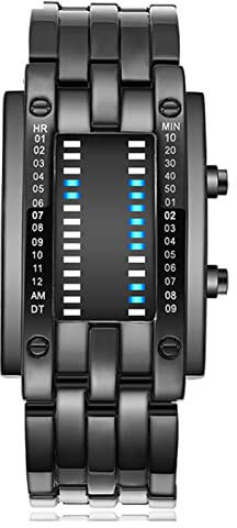 Konvexe Binär-Uhr Blau LED Digital Zifferblatt Legierung | Mineralglas Spiegel kratzfest, stoßsicher im Alltag, Handwäsche tauglich durch 30m Wasserdichtheit, Uhr für Männer Frauen B
