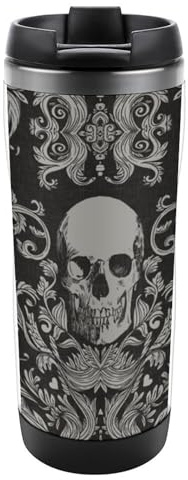 Qjjinxior 13oz/380ml Stainless Steel Insulated Travel Coffee Cup, Black Skull Travel Mug with Leakproof Lid, Non-Slip Bottom