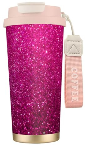 YXDVPALNE Pink Sparkly Glitter,316 Stainless Steel Coffee Mug with Lanyard,Insulated Tumbler Double Wall Travel Car Cup 500 ml