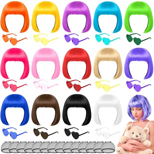 42-teiliges Bob Party Perücken Set, Neon Short Bob Perücke Kurz Bunt | Farbige Perücken mit Haarnetzen und Sonnenbrillen für Damen, Karneval, Fasching, Halloween, Cosplay, Fotobox und Mottopartys