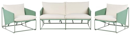 Low Oversized Sofa and 2 Chairs Set Metal with Seat Backrest Cushions Indoor Outdoor Furniture Garden Green Ponte