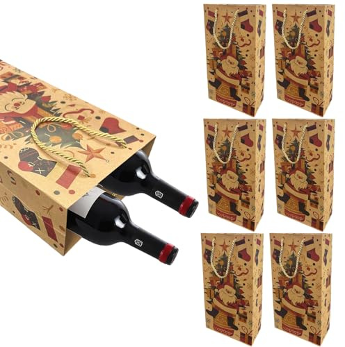 AYNKH 6PCS Double Bottle Gift Bags Christmas, Xmas Gift Bag for Wine, Whiskey Spirit Bags Decoration for Winter Holiday Party Supplies, Holds a Total of 12 Bottles