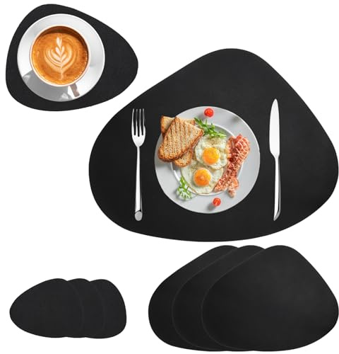 Tischset Leder 4er Set Schwarz – Rutschfestes Abwaschbares Platzdeckchen mit Untersetzer Tischset Essplatz Untersetzer Set Wasserdichtes Dickes Platzset 42x34cm für Küche Esstisch Esszimmer