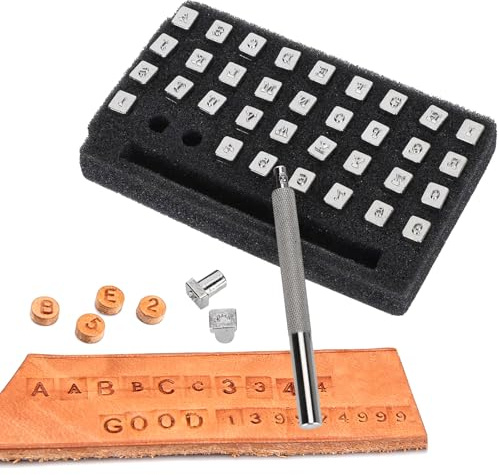 Uadme Stanzwerkzeuge für Lederprägung, 37-teiliges Zahlen- und Buchstabenstempel Set, 3,5mm Metall Lederstempel, Prägewerkzeug für Pflanzengegerbtes Leder, DIY Lederkunst Handwerk Werkzeugset