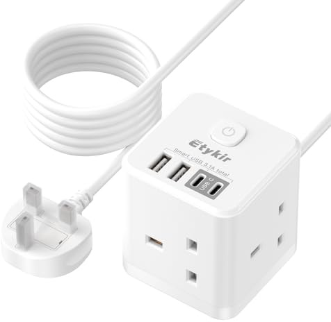 Extension Lead with USB Slots, 3 Way Cube Extension, White | 4 USB (2 USB-C 5V/3.1A), Switch, 13A 3250W – Ideal for Home, Office & Travel
