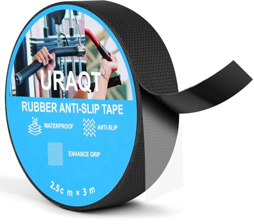 URAQT Rubber Grip Tape 2.5cm x 3m, Black Ultra Thin Strong Adhesive Anti Slip for Handles, Anti Slip Texture Enhance Friction, Waterproof Wear Resistant Heat Resistant Grip Tape for DIY Tools Home Use