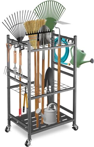 Organisateur d'outils de Jardin 40 Emplacements et 6 Crochets, Support Rangement Outils pour Jardin en Carbone, 42*30*80cm, Étagère de Rangement pour Garage Pelouse Abri Balai Pelle Râteau