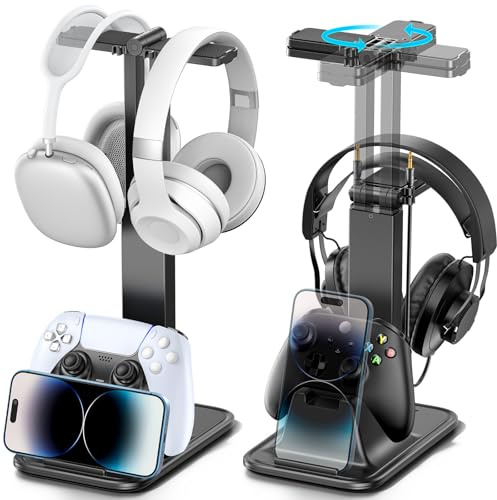 Double support de casque réglable en hauteur, support rotatif à 360° pour casque de jeu avec manette et support de téléphone, organiseur de bureau tout-en-un pour manettes PS5/Xbox/Switch/iPad