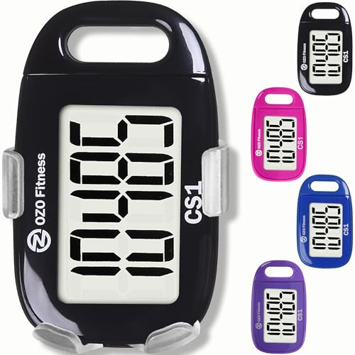 OZO Fitness Clip-on 3D Pedometer for Walking Steps Counter with Lanyard, Simple Exercise Tracker for Women and Seniors with Large Accurate Digital Display, Portable Minimalist Sports Monitor, Black