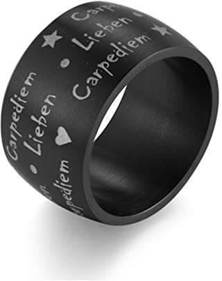 PAURO Unisex Ring Edelstahl Carpe Diem Liebem Latein Hochzeit Charme Herz Band 14MM Breit Schwarz Größe 57 (18.1)