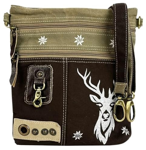 Domelo Trachtentasche. Kleine Umhängetasche. Oktoberfest Damen Crossbody Bag mit Hirsch Aufdruck. Khakigrün Canvas Tasche als Geschenk für Trachtenmode Liebhaber