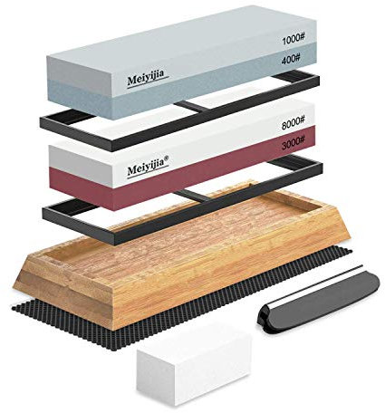 Meiyijia Pietra per Affilare 2-in-1, Affilacoltelli Professionale cote Combinazione - con Stand Silicone Antiscivolo (3000/8000+400/1000 Grit/Set)