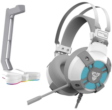 Casque et Support de Jeu USB RVB, Son Surround 7.1, Pilote de Son 50 mm, Casque numérique DTS avec Microphone et Support pour écouteurs Intra-Auriculaires - Blanc