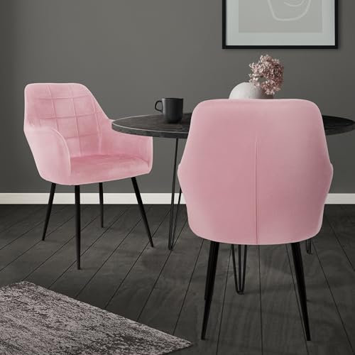 ECD Germany 2er Set Esszimmerstühle mit Rücken- und Armlehnen, Rosa, Küchenstühle mit Samtbezug, Polsterstühle mit Metallbeinen, Ergonomische Stühle für Esstisch, Wohnzimmerstühle Esszimmerstuhl