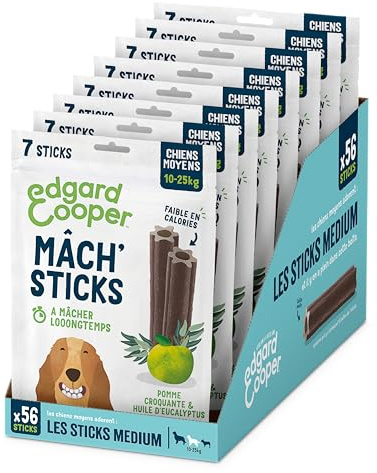 Edgard Cooper Friandises Pour Chien, (Eucalyptus & Pomme, 7 bâtons x 8), Moyen, Un par Jour, Faible en Calorie, Mastication Longue Efficace, Haleine Fraîche