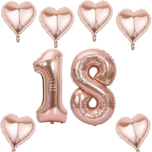Roségold Zahlen Luftballon 18 +6 pcs herz Heliumballon 18. Geburtstag Deko für Mädchen,40 Roségold Riesen Folienballon 18 für 18 Jahre Geburtstag deko, Helium Zahlenballon 18