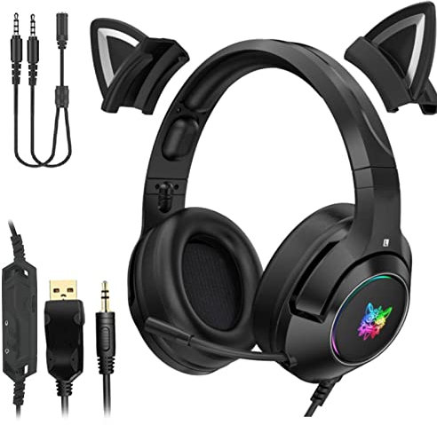 Skecten Gaming Headset with Mic, Noise Cancelling LED Wired Cat Ear Headphones with 3.5mm Jack for Xbox One, PS4, PS5, Switch, PC, Laptop, Mac, 4D Stereo Surround, Black