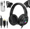 Skecten Gaming Headset with Mic, Noise Cancelling LED Wired Cat Ear Headphones with 3.5mm Jack for Xbox One, PS4, PS5, Switch, PC, Laptop, Mac, 4D Stereo Surround, Black