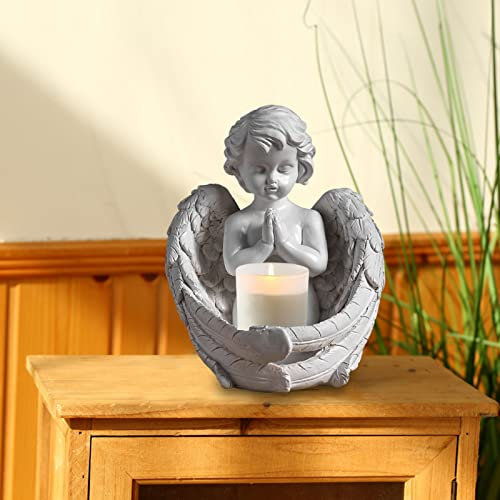 FONDUO Engel Statue mit Teelichthalter, Engel Garten Deko Statue Engel Figur Gartenskulptur, Stilvoller Harz Engel Betend Deko Figur für Drinnen & Draußen 13.5X15X16CM