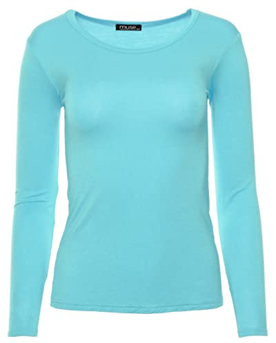 Easy Young Fashion - Damen Basic Rundhals Shirt - Langarm Unterziehshirt - Skinny Fit 1093 - Cyan M