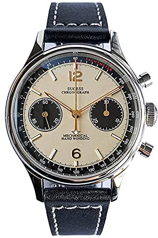 Sugess Chronograph Herrenuhren Möwe ST1901 Mechanisches Uhrwerk Panda Lässig Klassisch Edelstahl Armbanduhren Wasserdicht Leuchtend Uhren mit Lederarmband für Männer Geschenke(38MM Beige nicht Schwan)