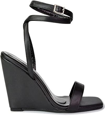 Womens Strappy Ankle Strap Wedge Heel Sandals Ladies Square Toe Shoes Size Black
