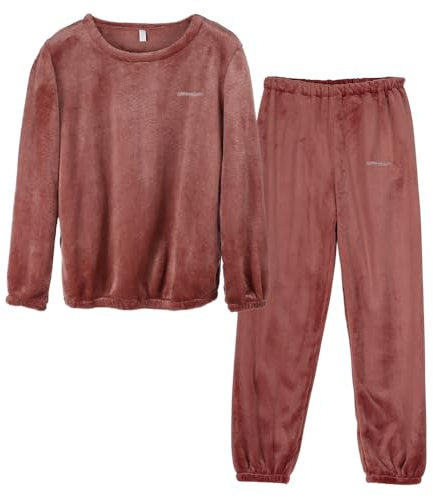 LACOFIA Pigiami Due Pezzi da Donna Pigiama Set Invernale di Caldo Pile Abbigliamento da Notte a Maniche Lunghe Adulto Pigiama di Coppia Rosso Scuro XS