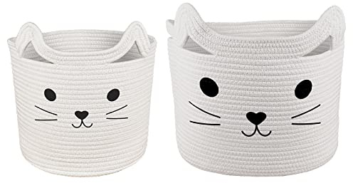Bigepige Aufbewahrungskorb Kinder, Baby Spielzeug Baumwollseil Aufbewahrung Korb Geflochten, WäSchekorb Klein Faltbar Kinderzimmer Deko Basket Weiß Katze 2er Set