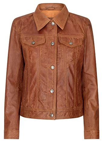 Womens Vintage Retro Jeans Jacket Style Real Leather Short Biker Grease 1980s Classic