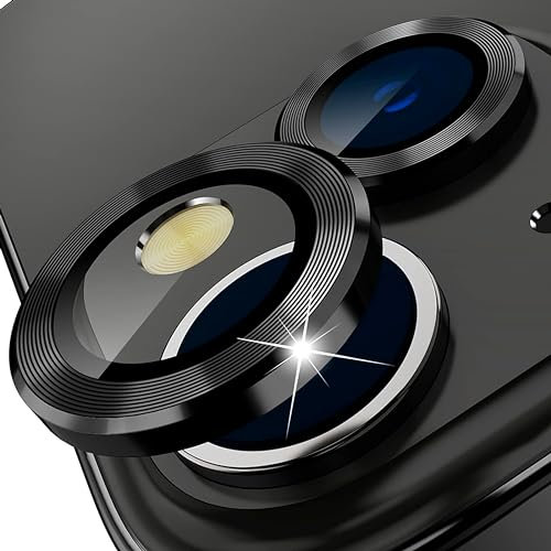 Protector camara iPhone 13 / iPhone 13 Mini. Funda protectora de lente de cámara de vidrio templado y anillo de aleación de aluminio. Pelicula cristal anti-rayado HD, 9H dureza sin burbujas. Negro