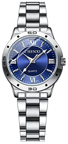 JewelryWe Damen Uhren Analog Quarz 30M Wasserdicht Armbanduhr Klassisch Römische Ziffern Edelstahl Armband Partner Freundschaft Uhr mit Leuchtend Zeiger und Uhrenwerkzeug Blau