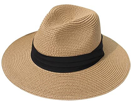 Joligiao Chapeau de Paille Panama Été Femme Homme Chapeau de Soleil Large Bord Beach Chapeaus Plage Anti-UV Ajustable Respirant Chapeaus Paille pour Voyage