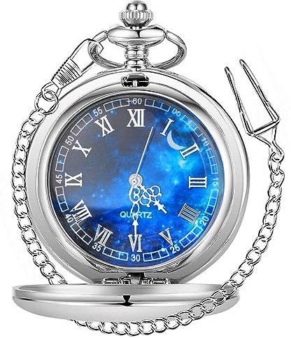 Tiong Taschenuhr, glatter Stahl, römische Ziffern, Vintage, Quarz, Taschenuhr mit Kette, Geschenk für Vatertag, Weihnachten, Geburtstag, 19 Silber, Klassisch
