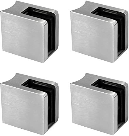 PRIOstahl Glashalter 4 Stück Glasklemmen Klemmhalter Glasplattenhalter mit Sicherungsplatte + Sicherungsstift 45 x 45 x 28 mm Anschluss: 42,4 mm für Glas 10 mm aus Edelstahl V2A
