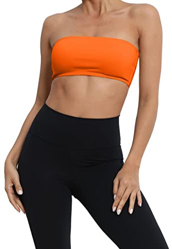 MISSACTIVER Damen Gepolstert Trägerlos Bandeau Sport BH Solide Ärmellos Drahtlose Unterstützung Bralette Crop Tube Top Yoga Fitness, Orange/Abendrot im Zickzackmuster (Sunset Chevron), small