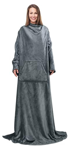 Catalonia Classy Decke mit Ärmeln und Kapuze als Geschenk für Frauen Herren, Flauschig Fleece Kuscheldecke mit Ärmeln, Cozy Warm Decke zum Anziehen Ärmeldecke Erwachsene, 185x140cm, Grau