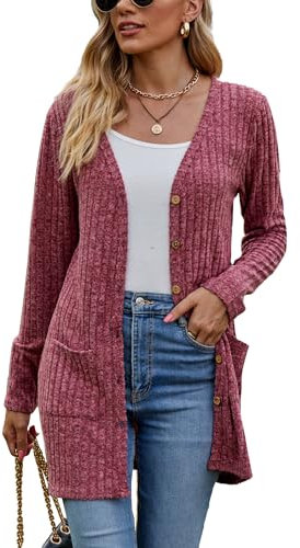 Famulily Long Sleeve Lightweight Cardigans for Women Button Down V Neck Ribbed Knit Outerwear Tops with Pockets (XXL, Wine)