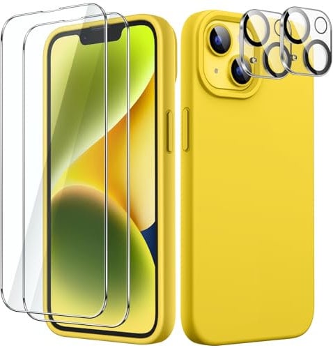 JETech 5 in 1 Silicone Case for iPhone 14 6.1-Inch, with 2-Pack Screen Protector and 2-Pack Camera Lens Protector, Full Coverage Tempered Glass Film, Shockproof Phone Cover (Yellow)