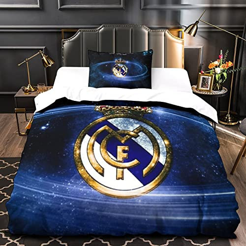 HESHS Real Madrid 3-teiliges Bettbezug-Set 3D Gedruckt Fußball Clubs-Bettwäsche-Quilt-Bettbezug Mit Reißverschluss Für Kinder Mädchen Jungen,Ultra Weiche Mikrofaser-Bettwäsche Single(135x200cm)