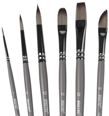 BRUSTRO VelveTouch Lot de 6 pinceaux d'artiste Gouache, acrylique, aquarelle et peinture à l'huile | Manche court, poils synthétiques, rond, filbert, poignard, forme plate