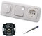Busch Jäger 6523U-102 LED Drehdimmer Dimmer + Scheibe 2115-214 + Taster 2020US + Steckdose mit Kinderschutz 20EUCKS-214 Reflex Si alpinweiß + EBROM Phasenprüfer z. Montage der Geräte 6523 U – 102