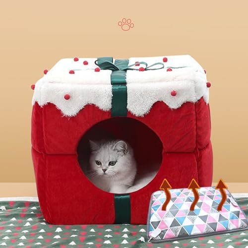 Beheiztes Katzenhaus Weihnachtsgeschenkbox, Beheiztes Katzenhaus, Halbgeschlossene Thermo Katzenhöhle mit Abnehmbarer, Elektrisch Beheizter Unterlage, Weiche, Warme 2-in-1-Haustierwohnung/Bett