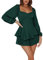 Women 's Loose Shorts Jumpsuit Solid Color Lantern Long Sleeve Square Neck Ruched Ruffled Playsuit (Dark Green, L)