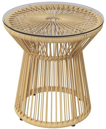 Outsunny Beistelltisch aus PE Rattan runder Couchtisch mit Glastischplatte Tablett Gartentisch, Hohltrommel-Design, Gartenmöbel Kaffeetisch Sofatisch für Garten Terrasse Balkon, 40x40x42cm, Beige