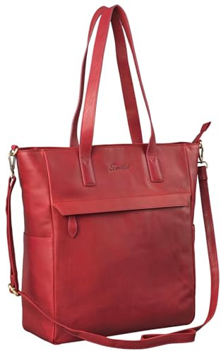 Benthill Shopper Damen Leder Groß - Ledertasche mit Reißverschluss - Umhängetasche aus Echtleder - Handtasche Vintage, Farbe:Rot