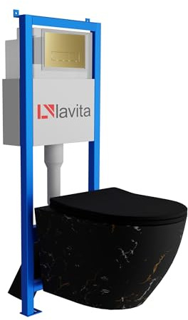 Lavita LAV 101 Vorwandelement für WC 40cm + Wand Hänge Tiefspül WC SOFI SLIM FIRE Schwarz Spülrandlos + Bedienplatte LAV 200.3.5 Gold | Komplettset | Unterputz Spülkasten | Toilette Komplett Sett