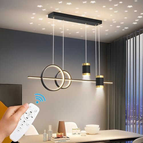 WHLL Esszimmer Lampe Hängend Moderne LED Esstisch Lampen Hängend Esszimmerlampe Dimmbar Pendelleuchte Sternenhimmel Hängelampe Esstisch Höhenverstellbar mit Fernbedienung 100CM Schwarz Stil 1
