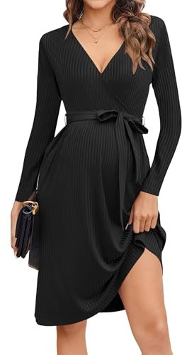 tiorhooe Women Maternity Nursing Dress Long Sleeve V-Neck Pregnancy Dress Tie Waist Maternity Midi Dress