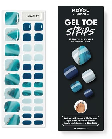 MOYOU LONDON Semi Cured Gel Nail Strips, 32 Pcs. Gel Wraps, Easy Apply & Remove for Salon-Quality Pedicure, Works with Any Nail Lamps